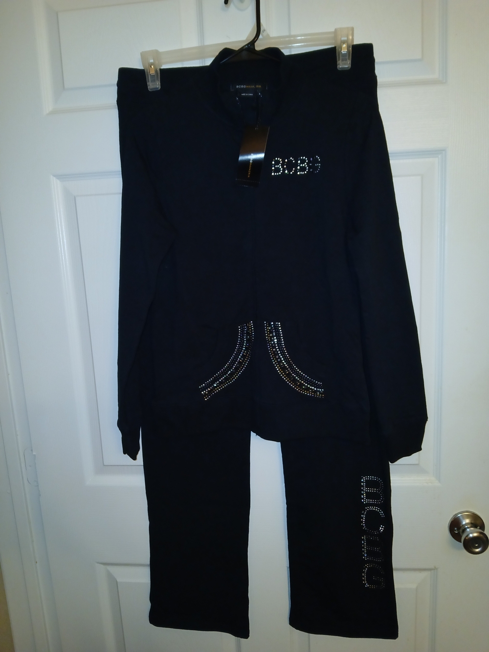 BCBGMaxAzria Black 2 Piece Set with Rhinestone Logo Top Size M Pants Size L